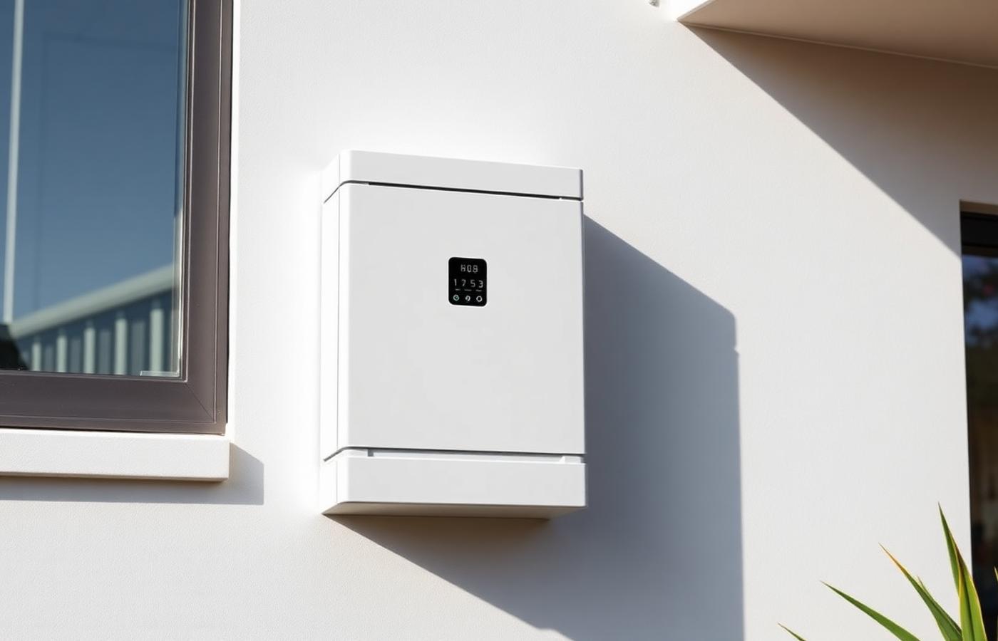 Home battery storage unit mounted on a garage wall